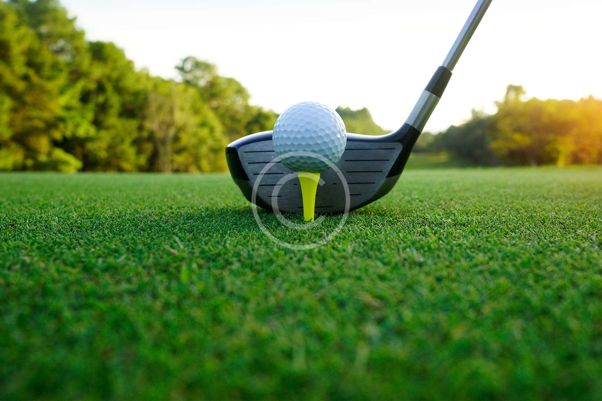 Golf,Ball,And,Golf,Club,In,Beautiful,Golf,Course,At Golf ball and golf club in beautiful golf course at sunset background.